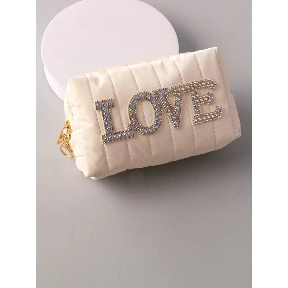 Cosmetic Bag 10 x 4 Quilted White Rhinestone Love Makeup Travel Toiletry Pouch